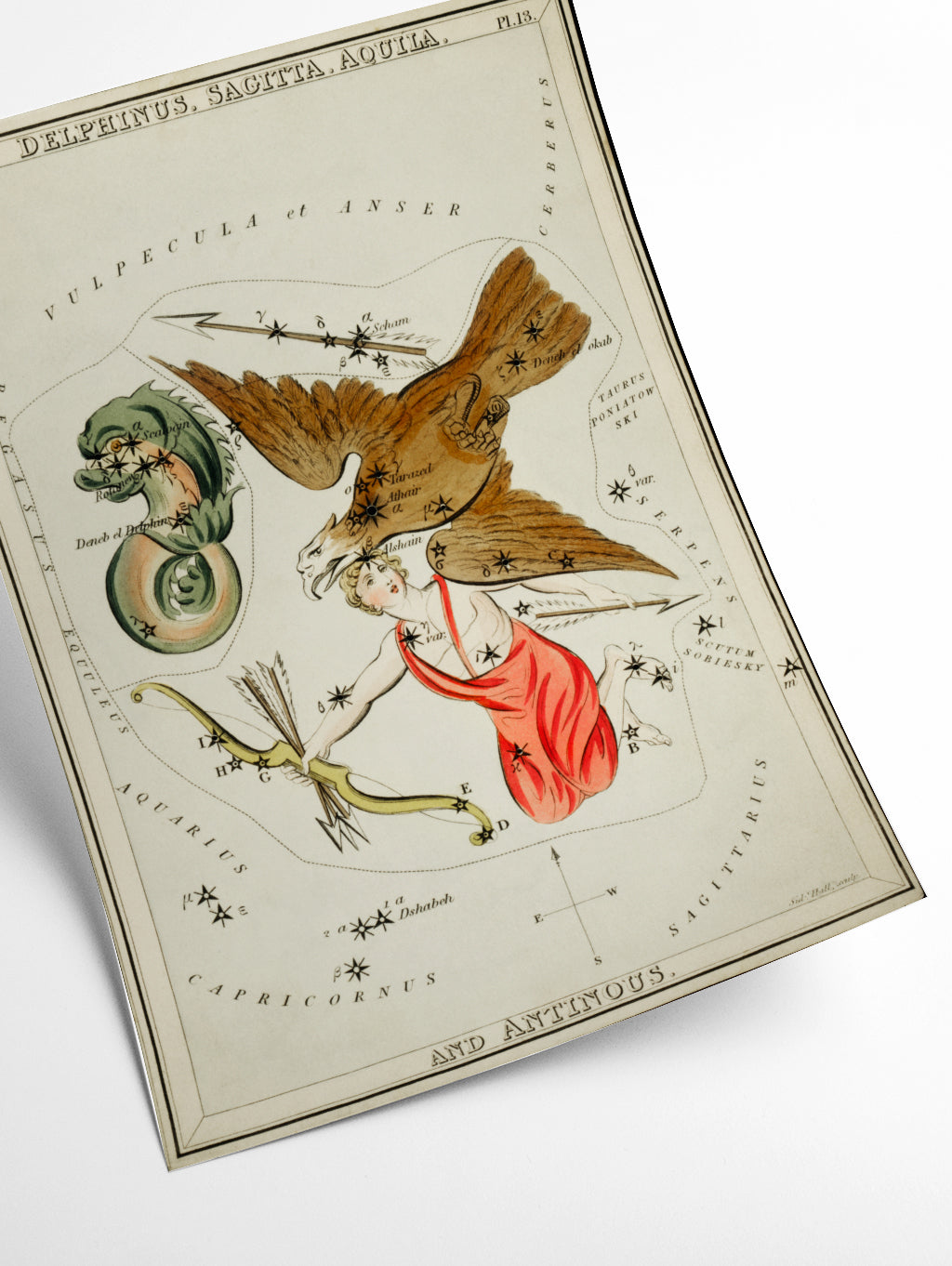 Astronomical chart illustration of the Delphinus, Sagitta, Aquila