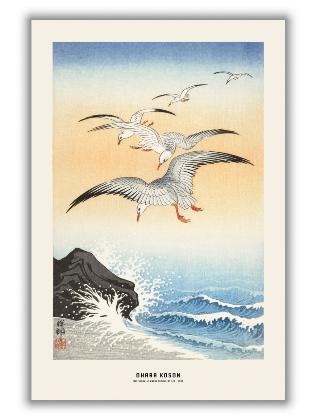 Ohara Koson - Five seagulls above turbulent sea